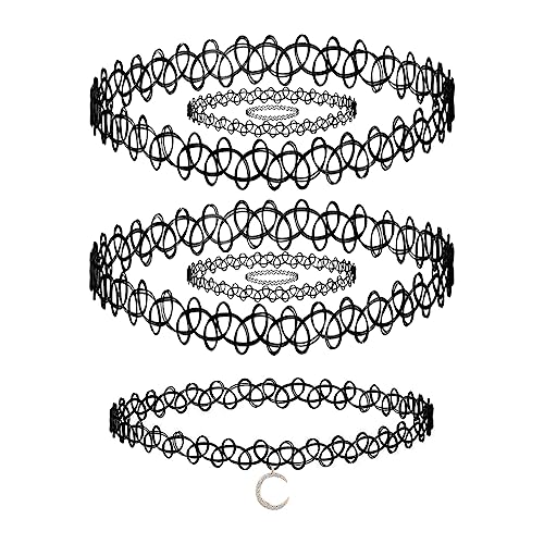 CUHZA 3 Sets Stretchhalsbänder 1 Stück Mondhalsband, Stretch-Tattoo-Halskette, Tattoo-Halsband, modische Vintage-Kette, Tattoo-Hohlgewebe-Schmuckset, Halskettenschmuck für Mädchen von CUHZA