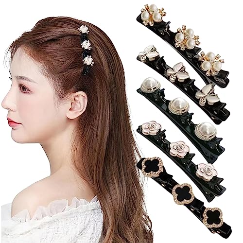 CUHZA Doppellagige Mini-Haarspangen,Perle Haarspange,5 Stück Haarspange mit 3 Clips Kolibri Haarspange mit Kristallblume Geflochtene Haarspange für Damen Frauen Mädchen Doppelschicht Haarklammer von CUHZA