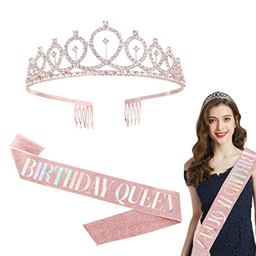 CUHZA Geburtstags Krone, 1 Stück Kristall Geburtstag Tiara Strass Kronen mit 1 Geburtstags Schärpe, Frauen Mädchen Geburtstag Tiara für Dekorationen (Rosa) von CUHZA