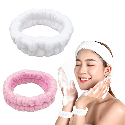 CUHZA Haarband für Make Up, 2 Stücke Spa Gesichts Stirnband Elastisch Kopfwickel, Damen Kosmetisches Stirnband Elastische Korallen Fleece Haarbänder für Mädchen und Frauen Spa Yoga Sport Beauty von CUHZA