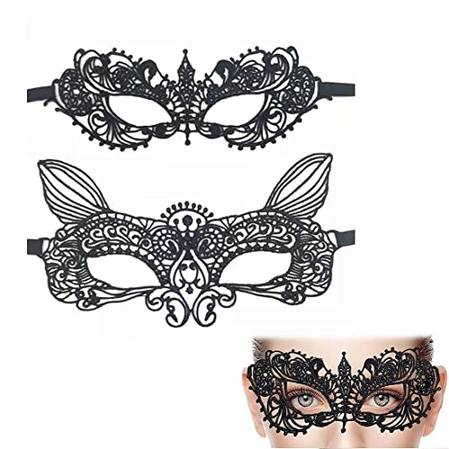 Damen Spitze Maske, 2 Stück Spitze Maske Sexy Lace Augenmaske, Venezianische Maske Sexy Lace Maske Schwarz Augenmaske Maskerade Maske für Halloween Karneval Party Kostüm Ball Gothic Gesichtsmaske von CUHZA