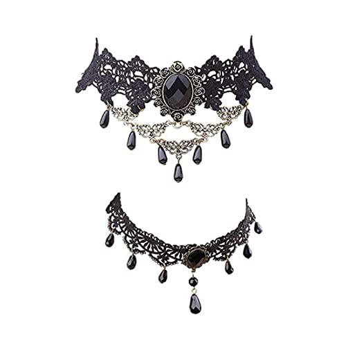 Gothic Halskette Set Schwarz Halsschmuck Damen Spitze Kette Damen Gotisch Choker Zubehör Vintage Halsband Victorian Schmuck für Halloween Pfingsten Maskerade Karneval Fasching Halloween Outfit,2 Stück von CUHZA