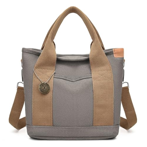 Kleine Tragetasche für Damen, Canvas Griff Umhängetasche Schultertasche, Hobo-Handtasche, Alles-Einkaufstasche Tote mit mehreren Taschen und Reißverschluss (Grau) von CUNGGI