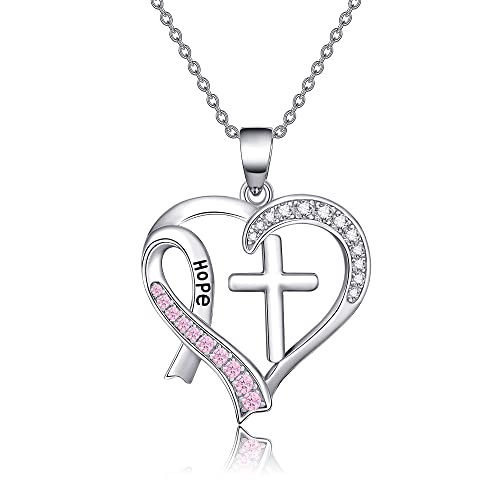 CUPENDA Brustkrebs Bewusstseins Halskette Sterlingsilber Kreuz Rosa Band Anhänger Überlebende Kämpferin Geschenk Schmuck für Frauen von CUPENDA