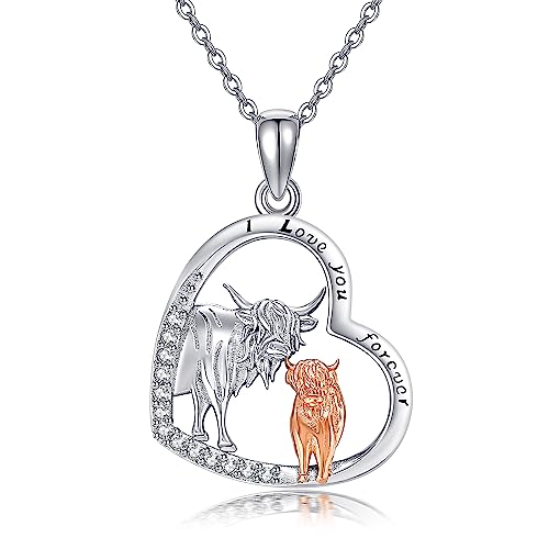 CUPENDA Highland Cow Halskette 925 Sterling Silber Kuh Mutter Kind Halskette für Frauen Kuh Geschenke für Frauen Kuhliebhaber von CUPENDA