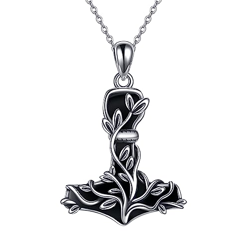 CUPENDA Thor Hammer Halskette Sterling Silber Mjolnir Baum des Lebens Anhänger mit Schwarzer Obsidian Nordic Wikinger Schmuck Geschenke für Damen von CUPENDA