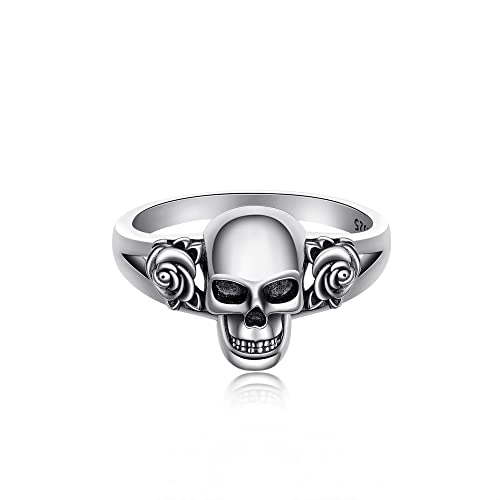 Schädel Ringe 925 Sterling Silber Gothic Totenkopf mit Rose Blume Statement Ring Vintage Skelett Schmuck für Damen-7 von CUPENDA