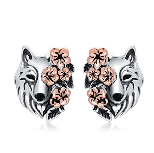 Wolf Ohrringe 925 Sterling Silber Heulender Wolf Kopf mit Blume Ohrstecker Nordische Wikinger Schmuck Geschenke für Frauen Mädchen von CUPENDA