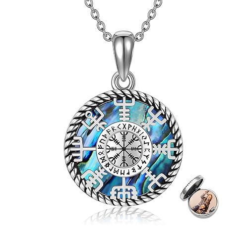 viking locket Wikinger Kompass Halskette Sterlingsilber Medaillon Halskette die Bilder hält Vegvisir Runen Anhänger Nordischer Schmuck Geschenk für Frauen von CUPENDA