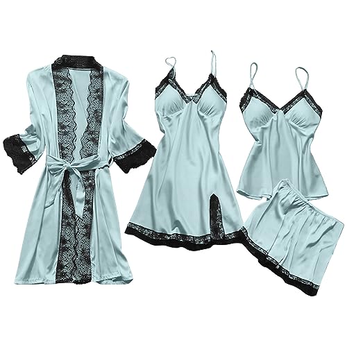 4-Teiliges Schlafanzug Damen Pyjama Set 4 Stück Set Satin Nachthemd Shorts Schlafanzug Spitze Nachtwäsche Sexy Seiden Nachtkleid Negligee Robe Frühling Sommer Herbst Morgenmantel Weich Light Blue XL von CUPOOD