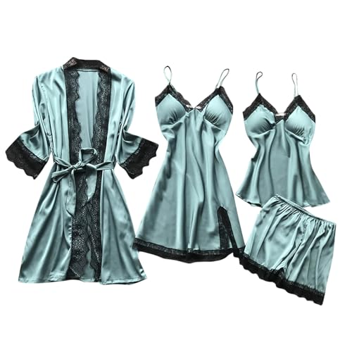 4-Teiliges Schlafanzug Damen Pyjama Set 4 Stück Set Satin Nachthemd Shorts Schlafanzug Spitze Nachtwäsche Sexy Seiden Nachtkleid Negligee Robe Frühling Sommer Herbst Morgenmantel Weich Mint Green 5XL von CUPOOD