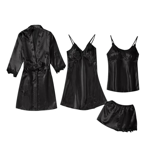 4-Teiliges Schlafanzug Damen Pyjama Set 4 Stück Set Satin Nachthemd Shorts Schlafanzug Spitze Nachtwäsche Sexy Seiden Nachtkleid Negligee Robe Frühling Sommer Herbst Morgenmantel Weich Z1 Black L von CUPOOD