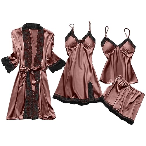 CUPOOD 4-Teiliges Schlafanzug Damen Pyjama Set 4 Stück Set Satin Nachthemd Shorts Schlafanzug Spitze Nachtwäsche Sexy Seiden Nachtkleid Negligee Robe Frühling Sommer Herbst Morgenmantel Weich Brown S von CUPOOD