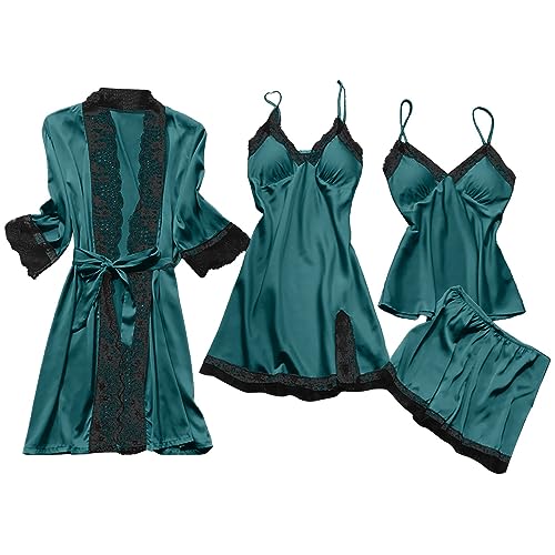 CUPOOD 4-Teiliges Schlafanzug Damen Pyjama Set 4 Stück Set Satin Nachthemd Shorts Schlafanzug Spitze Nachtwäsche Sexy Seiden Nachtkleid Negligee Robe Frühling Sommer Herbst Morgenmantel Weich Green L von CUPOOD