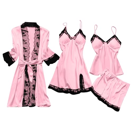 CUPOOD 4-Teiliges Schlafanzug Damen Pyjama Set 4 Stück Set Satin Nachthemd Shorts Schlafanzug Spitze Nachtwäsche Sexy Seiden Nachtkleid Negligee Robe Frühling Sommer Herbst Morgenmantel Weich Pink M von CUPOOD