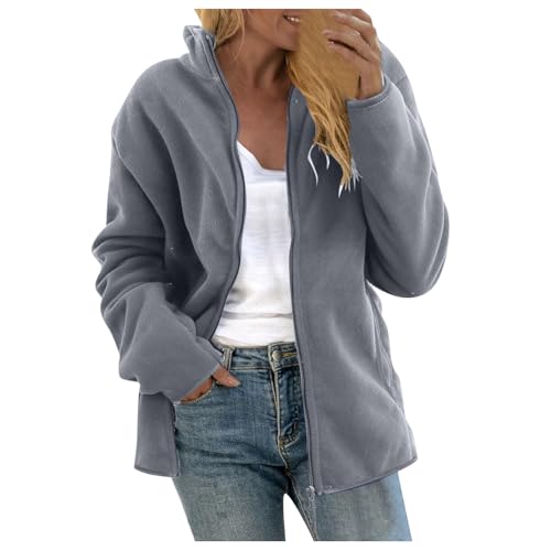 Fleecejacke Damen lange Ärmel Mantel Kein Hut Frauen Teddy-Fleece Wintermantel Lose Plüsch Stehkragen mit Reißverschluss Winter Warm Plüschjacke Taschen Fuzzy plüschjacke damen Coat Outdoor Gray XL von CUPOOD