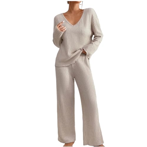 Zweiteiler Damen Strick Pullover Und Freizeithose Set 2 Teiler Strickanzug Freizeitanzug Einfarbig Gestrickte Outfits Lässiger Pyjama Trainingsanzug Lounge Top Hosen Zweiteilig Set Modisch 001-Khaki von CUPOOD