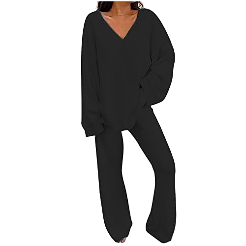 Zweiteiler Damen Strick Pullover Und Freizeithose Set 2 Teiler Strickanzug Freizeitanzug Einfarbig Gestrickte Outfits Lässiger Pyjama Trainingsanzug Lounge Top Hosen Zweiteilig Set Modisch 006-Black von CUPOOD