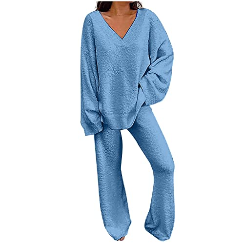 Zweiteiler Damen Strick Pullover Und Freizeithose Set 2 Teiler Strickanzug Freizeitanzug Einfarbig Gestrickte Outfits Lässiger Pyjama Trainingsanzug Lounge Top Hosen Zweiteilig Set Modisch 006-Blue von CUPOOD