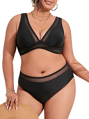 CUPSHE Damen Große Größen Bikini Set V Ausschnitt Sheer Mesh Tank Zweiteiliger Bikini Breite Träger Mid Waist Plus Size Bademode Swimsuit Schwarz XXXL von CUPSHE