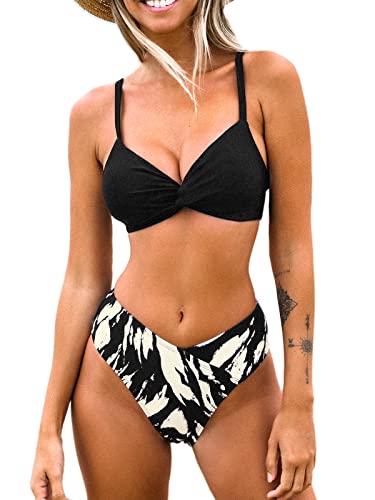 CUPSHE Bikini-Set für Damen, hohe Taille, Twist, V-Ausschnitt, Spaghetti-Träger, hoch geschnitten, Zebra-Unterteil, zweiteilige Badeanzüge, Schwarz , XS von CUPSHE