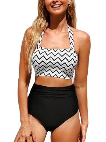 CUPSHE Damen-Bikini-Set, zweiteilig, verstellbar, hohe Taille, Bauchkontrolle, Neckholder, Riemen, geometrisch, schwarz / weiß, Large von CUPSHE