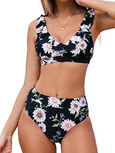 CUPSHE Damen-Bikini-Set, 2-teilig, Rüschen, V-Ausschnitt, Schnürung hinten, Blumenmuster, mittlere Taille, Schwarz / Blumenmuster, Large von CUPSHE