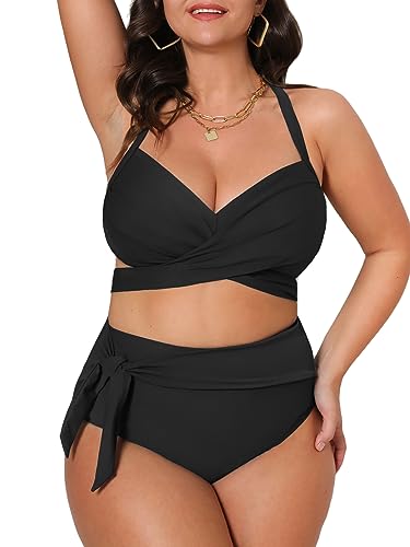 CUPSHE Damen Große Größen Bikini Set V Ausschnitt Wickeloptik High Waist Bauchweg Knoten Zweiteiliger Bikini Plus Size Curvy Bademode Swimsuit Schwarz 2X=XXL von CUPSHE