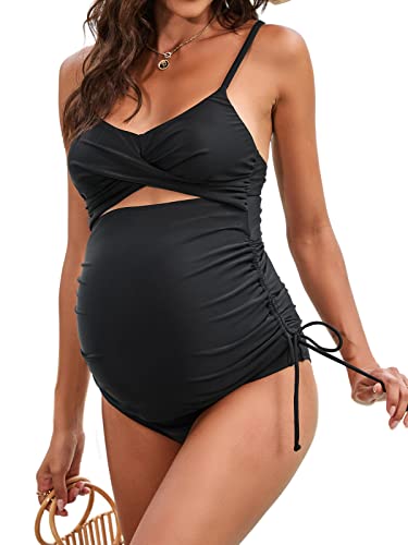 CUPSHE Damen Badeanzug Umstands-Tankini-Set 2-teiliger Badeanzug, ausgeschnittener V-Ausschnitt, seitliche Bindung, Rückenkreuzung, L, schwarz von CUPSHE