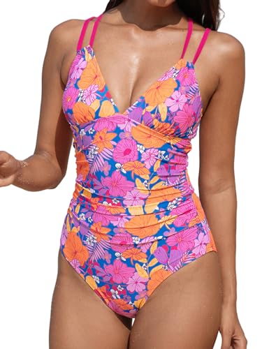 CUPSHE Damen Badeanzug V Ausschnitt Triangel Bauchkontrolle Monokini O-Ring Rückenausschnitt Einteilige Bademode Swimsuit Magenta/Orange Blumig L von CUPSHE