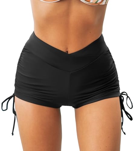 CUPSHE Damen Badeshorts Bikinihose High Waist Bauchweg Kordelzug Raffung Kurze Badehose Yoga Sportlich Hotpants Boardshorts Schwarz L von CUPSHE