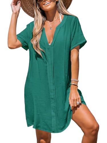 CUPSHE Damen Bikini Cover Up Tiefer V-Ausschnitt Kurzarm Halbdurchsichtig Sommer Strandkleid Mini Dress Beachwear Grün S von CUPSHE