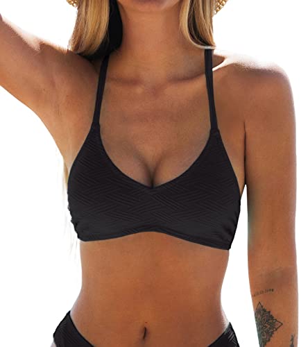 CUPSHE Damen Bikini Oberteil Neckholder Bikini Bademode U Ausschnitt Texturiert Bikini Top Schwarz S von CUPSHE