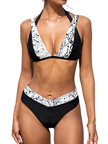 CUPSHE Damen-Bikini-Set, 2-teilig, Tierdruck, tiefer V-Ausschnitt, Neckholder, Haken, verstellbare Träger, Schwarz/Weiß Animal Print, S von CUPSHE