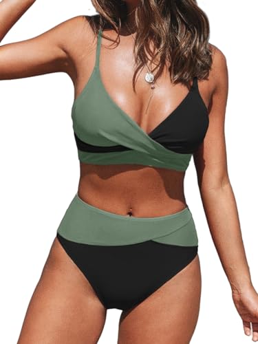 CUPSHE Damen-Bikini-Set, gedrehte Vorderseite, hohe Taille, V-Ausschnitt, gepolstert, zweiteilig, Badeanzüge, schwarz / grün, M von CUPSHE