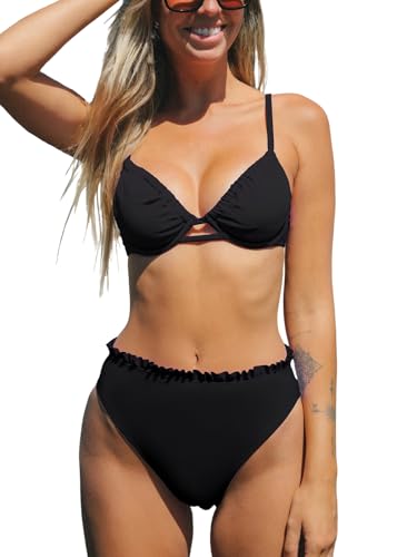 CUPSHE Damen Bikini Set Bügel Push Up High Waist Volants Bikini Bademode Riemchen Tunnelzug Zweiteiliger Badeanzug Swimsuit Schwarz S von CUPSHE