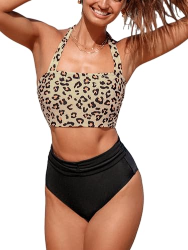 CUPSHE Damen-Bikini-Set, zweiteilig, hohe Taille, Bauchkontrolle, quadratischer Halter, verstellbare Träger, Schwarz Leopard, Medium von CUPSHE