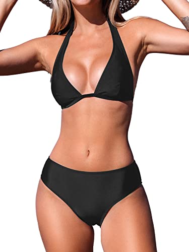 CUPSHE Damen Bikini Set Neckholder Triangel Bikini Bademode Mid Waist Zweiteiliger Badeanzug Swimsuit Schwarz S von CUPSHE