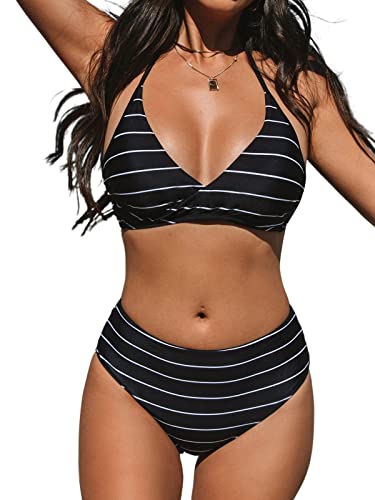 CUPSHE Damen Bikini Set Neckholder V Ausschnitt Mid Waist Wendbare Bikinihose Streifen Bademode Zweiteiliger Badeanzug Swimsuit Querstreifen/Schwarz M von CUPSHE