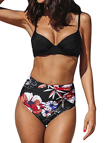 CUPSHE Damen Bikini Set Push Up Lace Up Herzausschnitt Bikini Bademode High Waist Blumenmuster Zweiteiliger Badeanzug Swimsuit Schwarz S von CUPSHE