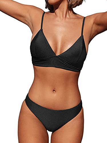 CUPSHE Damen Bikini Set Triangel Bikini Bademode Low Rise Brazilian Gerippter Zweiteiliger Badeanzug Swimsuit Schwarz XL von CUPSHE