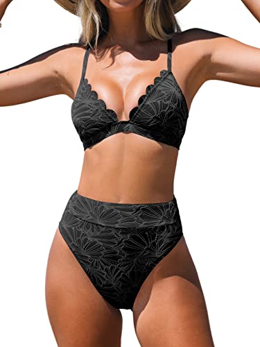 CUPSHE Damen Bikini Set Triangel Wellenkanten High Waist Bademode Jacquard Blumenmuster Zweiteiliger Badeanzug Swimsuit Schwarz L von CUPSHE