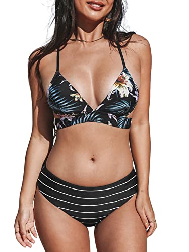 CUPSHE Damen Bikini Set V Ausschnitt Lace Up Low Waist Wendbare Bikinihose Blumenmuster Bademode Zweiteiliger Badeanzug Swimsuit Schwarz L von CUPSHE