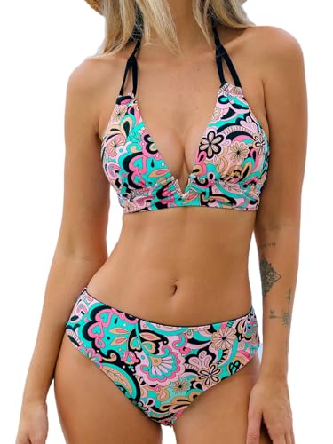 CUPSHE Damen Bikini Set V Ausschnitt Neckholder Paisley Print Bikini Mid Waist Reversible Bikinihose Zweiteiliger Badeanzug Swimsuit Schwarz/Rosa/Grün M von CUPSHE