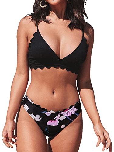 CUPSHE Damen Bikini Set mit Wellenkante Triangel Lace Up Bikini Bademode Tropicalmuster Low Waist Zweiteiliger Badeanzug Swimsuit Schwarz S von CUPSHE