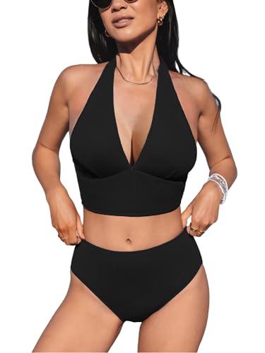 CUPSHE Damen-Bikini-Set, zweiteilig, hohe Taille, Neckholder, selbstbindend, V-Ausschnitt, rückenfrei, Schwarz, Large von CUPSHE