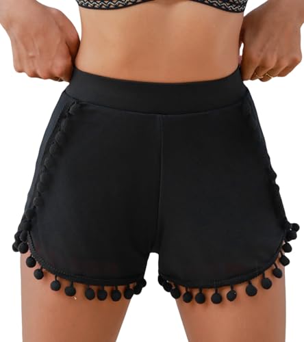 CUPSHE Damen Bikini Shorts High Waist Bommelborte Badehose Badeshorts Bikini Unterteil Schwarz L von CUPSHE