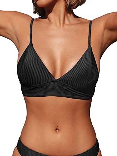 CUPSHE Damen Bikini Top Gepolstert Triangelkörbchen Breites Unterbrustband Gerippte Textur Bikinioberteile Schwarz XL von CUPSHE