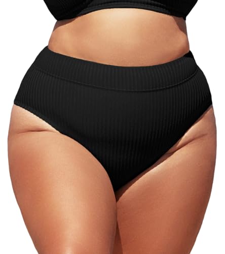 CUPSHE Damen-Bikinihose, Übergröße, hohe Taille, gerippt, Bauchkontrolle, breites Band, Badeanzug-Slip, Schwarz , 50 von CUPSHE