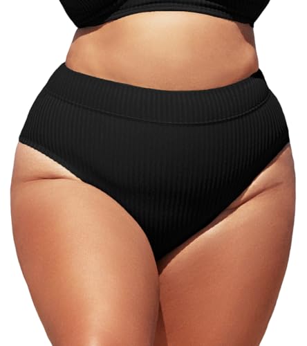 CUPSHE Damen-Bikinihose, Übergröße, hohe Taille, gerippt, Bauchkontrolle, breites Band, Badeanzug-Slip, Schwarz , 52 von CUPSHE